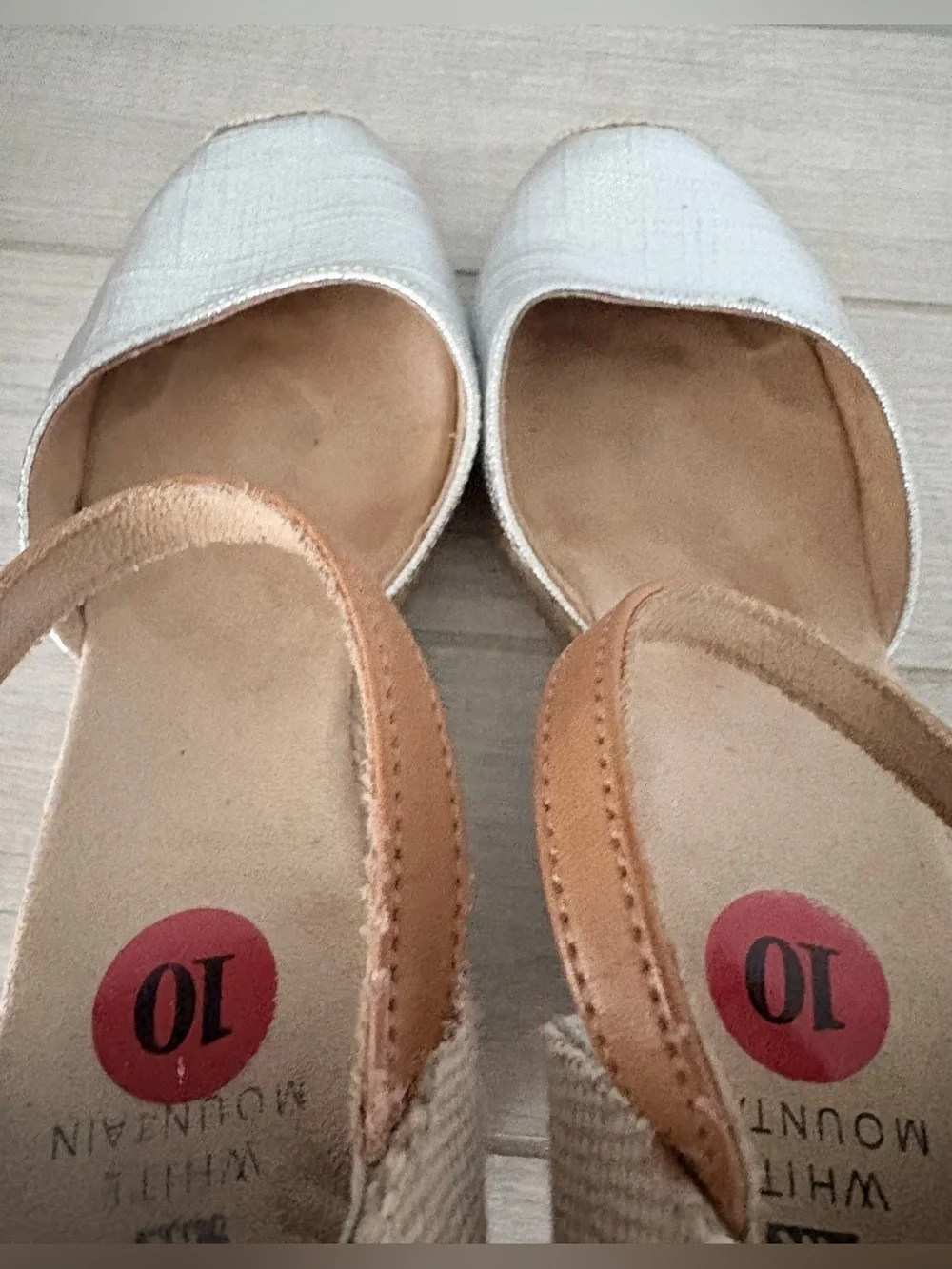White Mountain Silver Metallic Espadrille Wedges with Tan Ankle Straps size 10